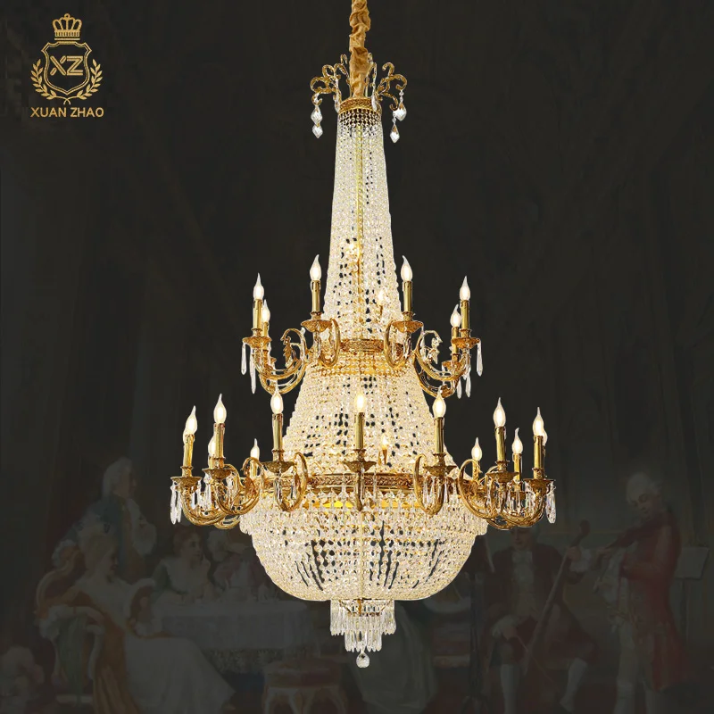 European Villa Duplex Hall Brass Crystal Big Chandelier Living Dining Room Lamp French Hotel Lobby Copper Pendant Light