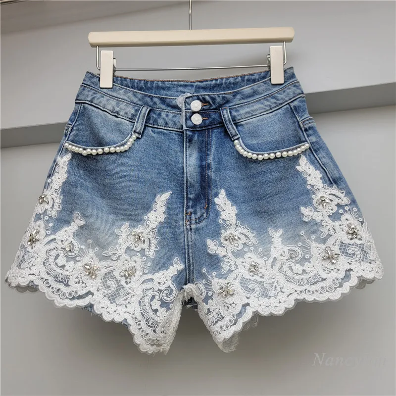 European Style 2026 Summer New Arrival: Luxury Embroidered Lace & Rhinestone High-waisted Wide-leg Denim Shorts - Hot Girl Vibes