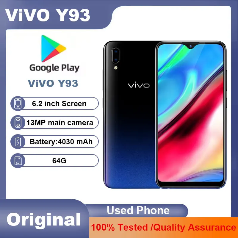 VIVO Y93 Smartphone 4GB RAM 64GB ROM Octa core Android 8.1 6.2'' 13MP+2.0MP Camera Face ID cellphones Dual SIM Used Cellphones