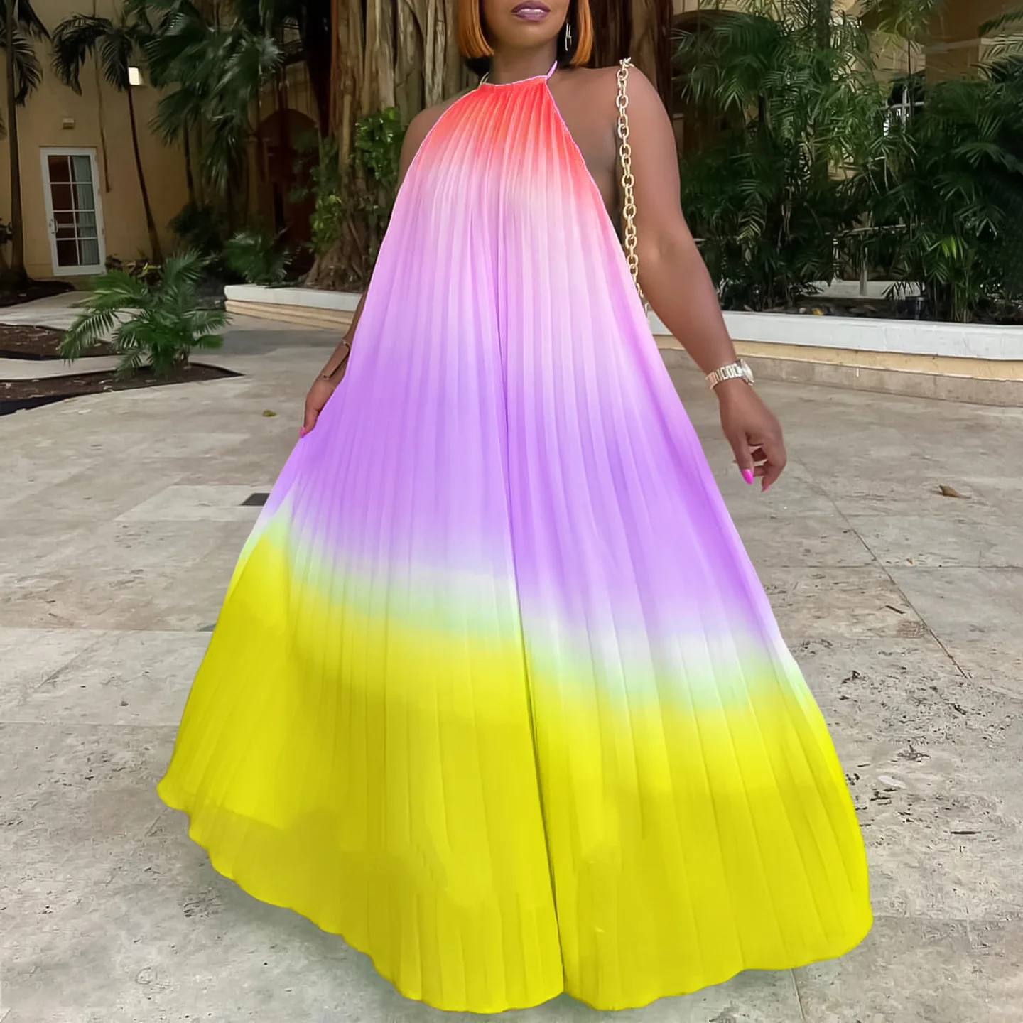 

Plus Size Halter Elegant Dress Female Tie Dye Luxury Clothing Evening Dinner Long Robe 2024 Summer Women Casual Party Dress