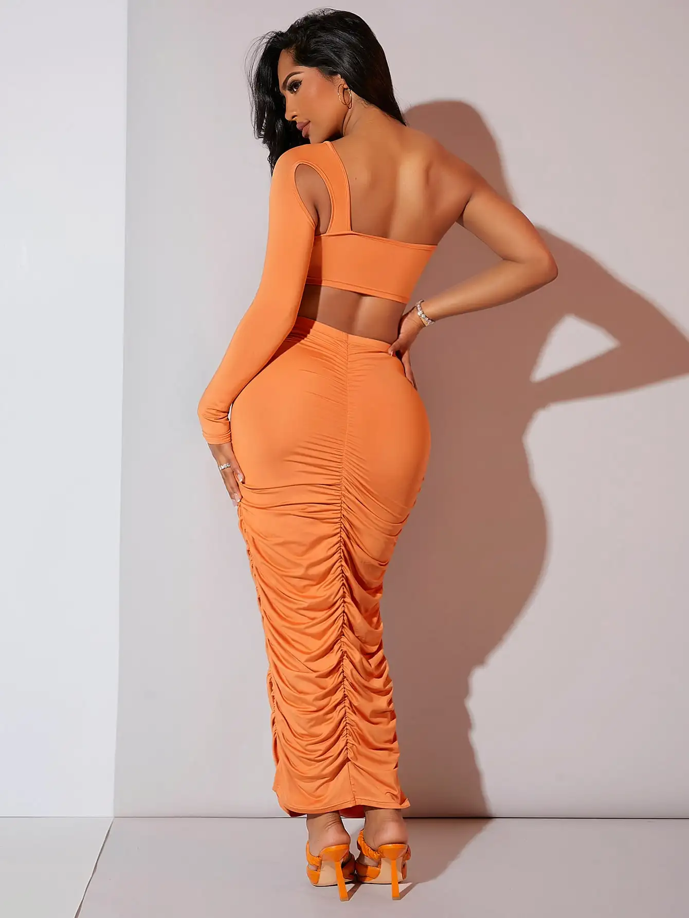 Women's 2 Piece Outfits One Shoulder Cutout Crop Top Ruched Maxi Skirt Set Orange Bodycon Party Clubwear