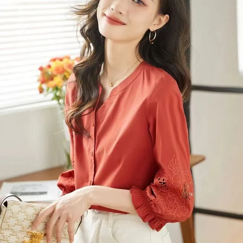 Half Sleeve Embroidery Loose Vintage Blouse Summer Solid Simplicity Office Hollow Out Shirt Tops Fashion Vintage Women Clothing