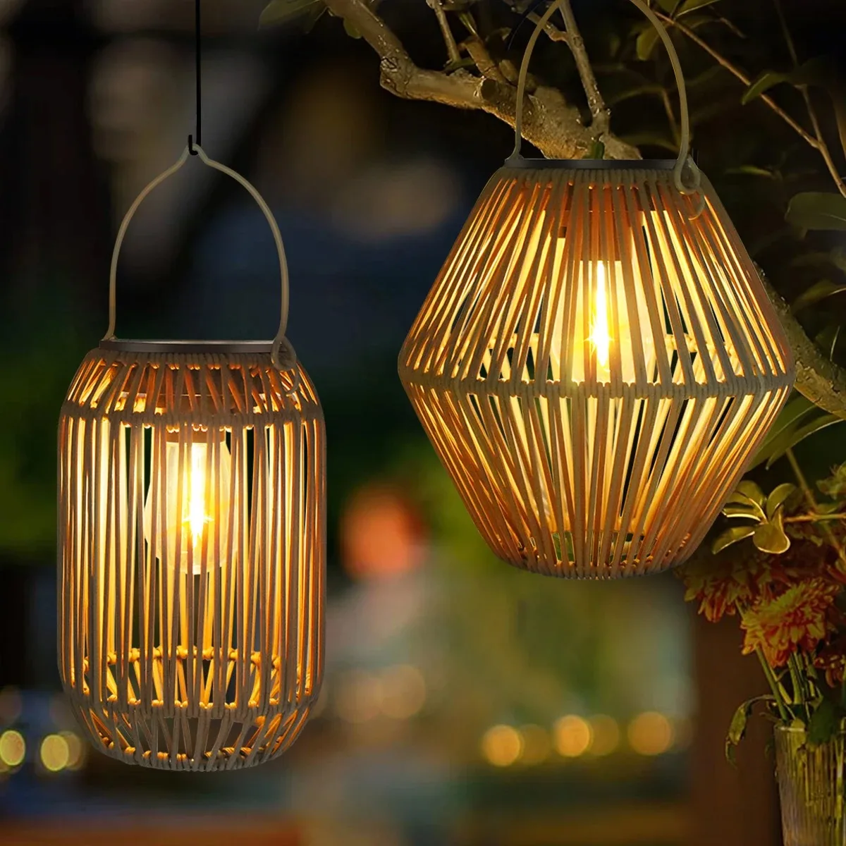 Garden Light Solar Lamp, Handmade Wicker Rattan Hanging Lantern Outdoor Waterproof Warm White for Christmas Patio Yard Decor