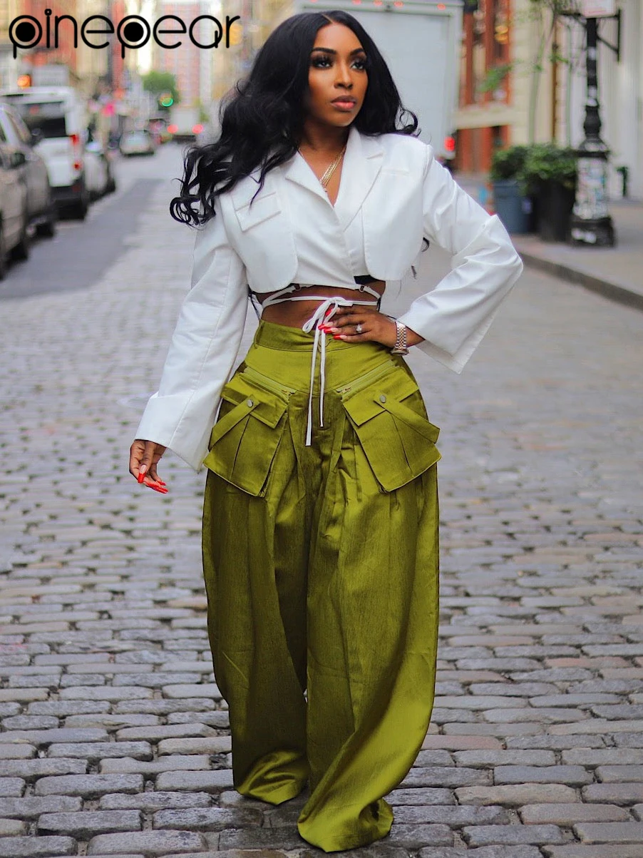 

PinePear Women Green Casual Loose Wide Leg Pants High Waist Big Pockets Cargo Pants All-Match Trousers Trend 2025 New Streetwear