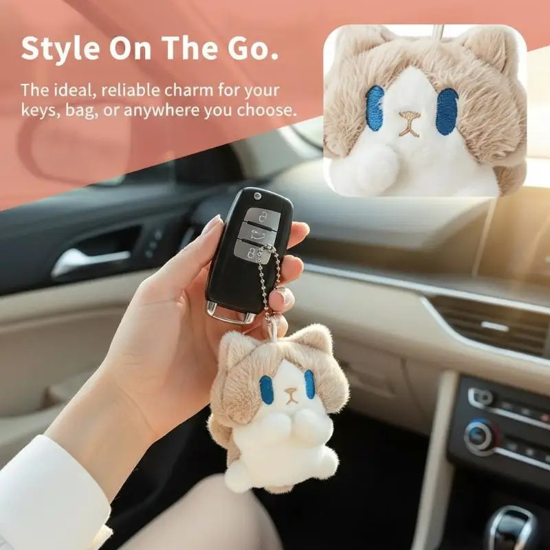 Soft Plush Cat Pendant Keychain Cute Blue Eyes Fluffy Stuffed Charm for Backpack Daily Bag Accessory