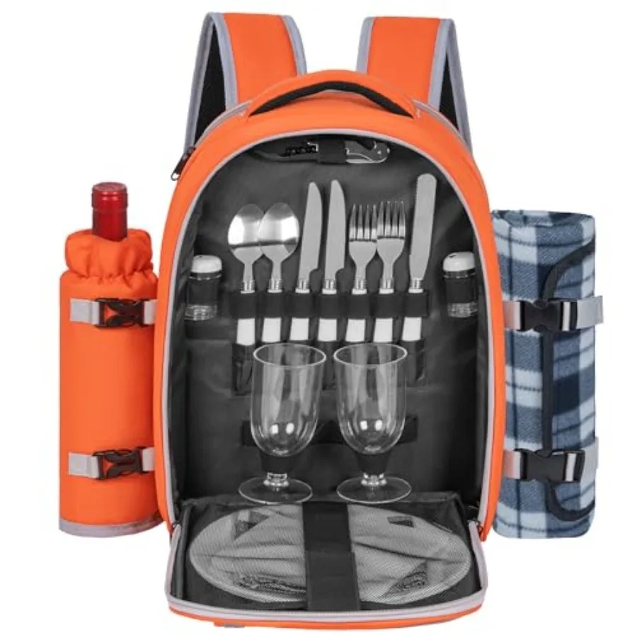 

Picnic Backpack with Insulated Leakproof Cooler Compartment Cutlery Sets Wine Holder Fleece Blanket Wedding Gifts for Couples P