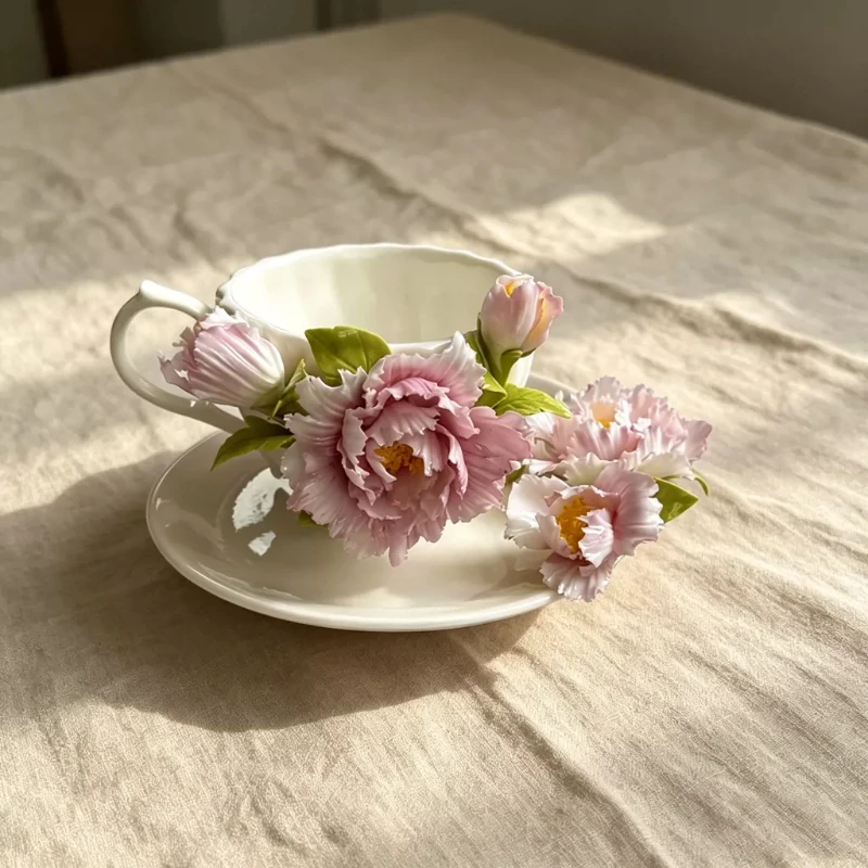 High-grade elegant ceramic intangible cultural heritage hand-squeezed peony coffee cup and saucer set water cup afternoon