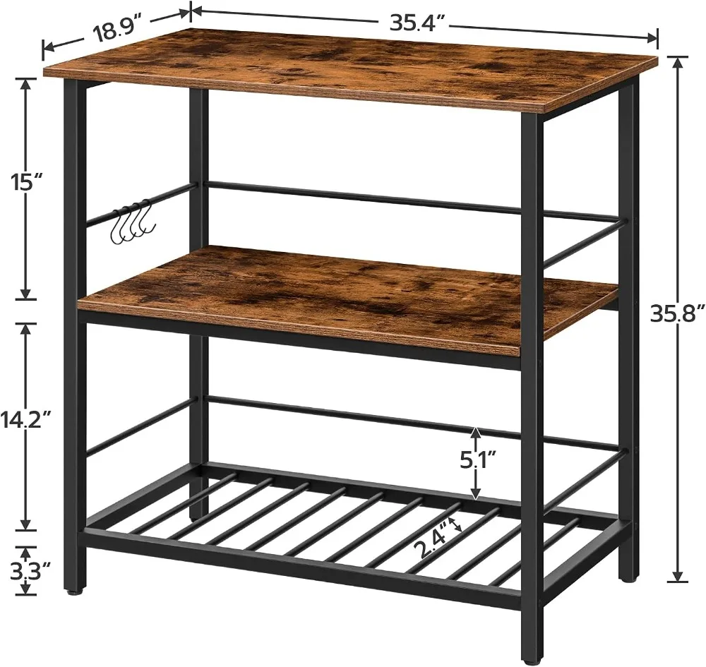 HOOBRO Kitchen Island with Wine Rack, Industrial Kitchen Counter with Hooks and Protective Rails, 3 Tier Kitchen Shelf