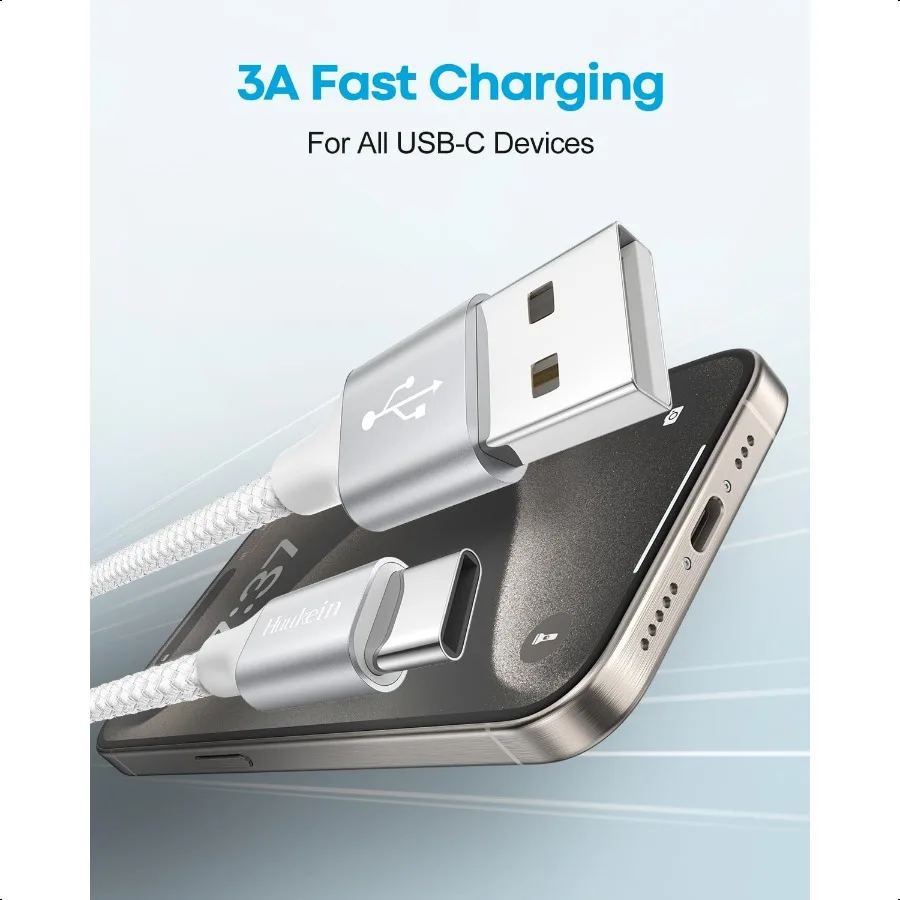 Kabel USB C Putih 10 kaki Panjang Kabel USB A ke USB C Pengisian Cepat Kabel Charger USBC Terjalin Kompatibel dengan iPhone 16 15 Pro Max