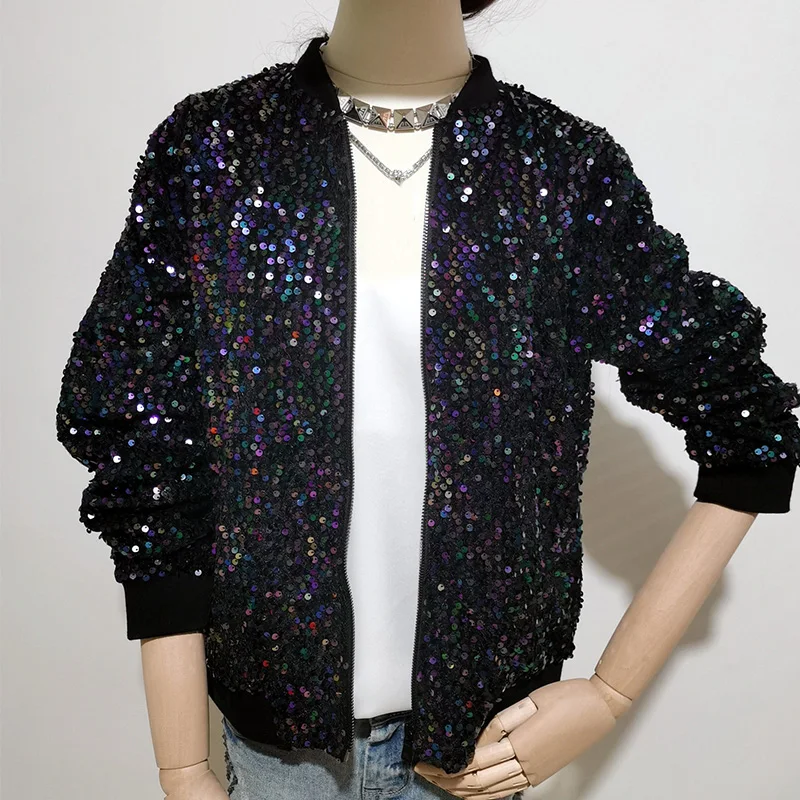 Women Black Sequin Bomber Jacket Fashion Loose Stand Collar Spring Autumn Ladies Casual Velour Coat Zip Up Baseball Jacket