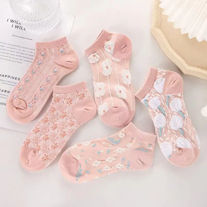

5 Pairs Kawaii Cute Flower 3D Textured Ankle Socks Vintage Style Thin Low Cut Pink Boat Socks For Women
