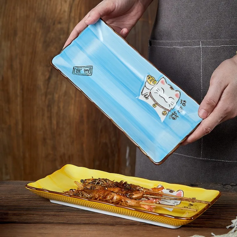 

Japanese Lucky Cat Plate Creative Cartoon Ceramic Rectangular Plate Desserts, Western-style Fish Dish Home Kitchen Tableware