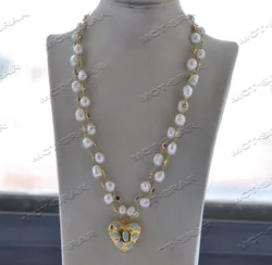 Z12024 2row 20'' 12mm White Baroque Pearl CZ Necklace Gold Plated Heart Pendant