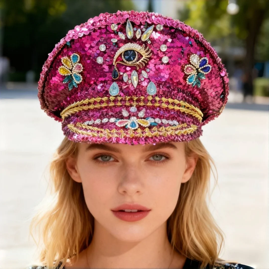 

Женская шляпа капитана со стразами, косплей-кепка, роскошные праздничные головные уборы, аксессуары для костюмов на Burning Man, Хэллоуин, аниме-конвенции