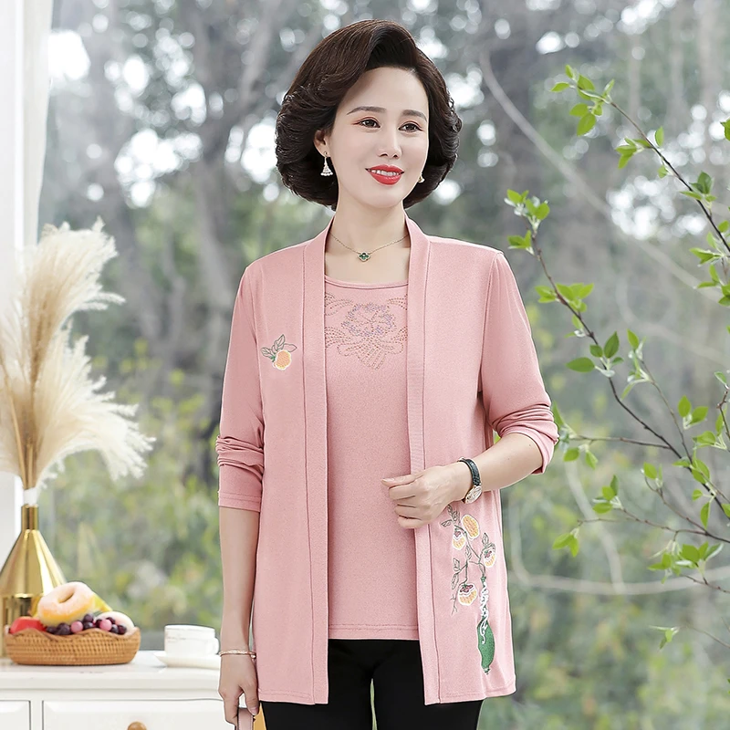 Embroidery flower Pullover Two Pieces Spring Fall Middle Age Mother Clothes Fashion Casual Women Top