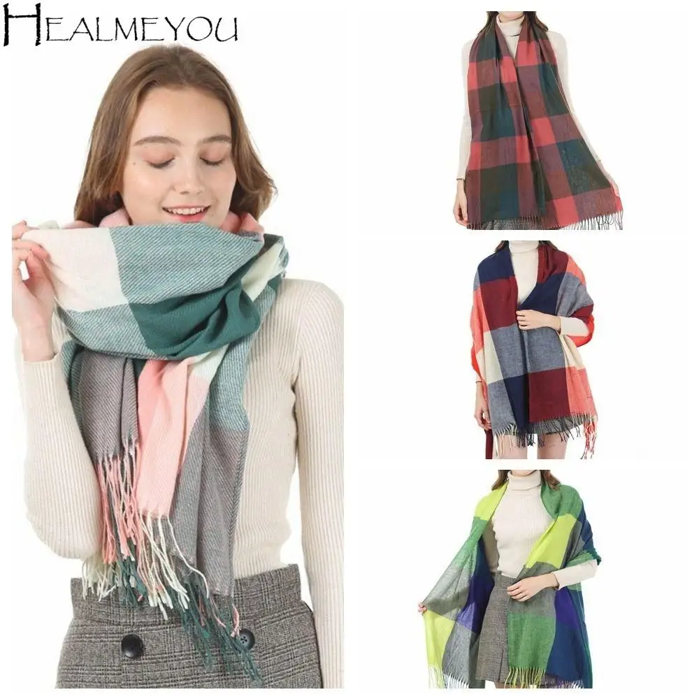 

Fashion Windproof Plaid Scarf Keep Warm Thick Imitation Cashmere Shawl Long Tassel Shawl Wrap Gift