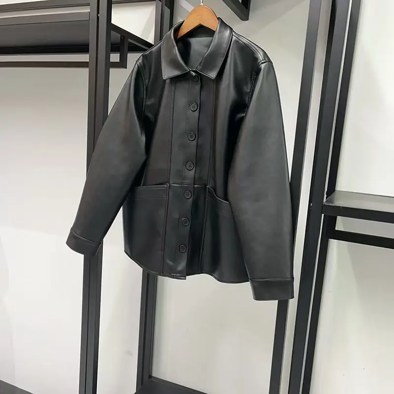Women's Eco-Friendly Leather-Look Jacket, Single-Breasted Lapel Casual Loose-Fit Jacket, 2026, New Style,Y2K, High-Quality Parka