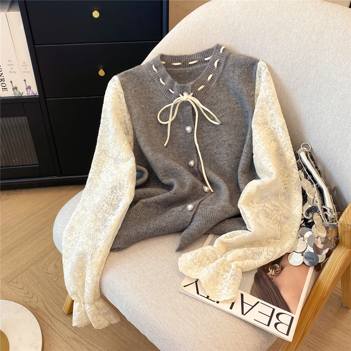 

Women Grey Lace Patchwork Knitwear O-Neck Cardigan Sweater Harajuku Vintage Y2k Korean Style Cashmere Sweater 2000s Autumn 2025