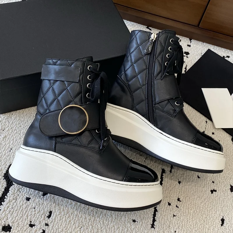 

High quality fall winter women's thick-soled calf-length boots. Leather check pattern suede / washed denim fabric 25110802