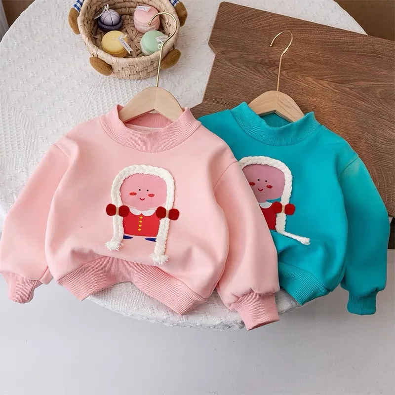 2025 New Girls Plus Fleece Hoodie Children's Autumn/Winter Cartoon Round Neck Jumper Girls Integrated Fleece Top 1-6 Years Old