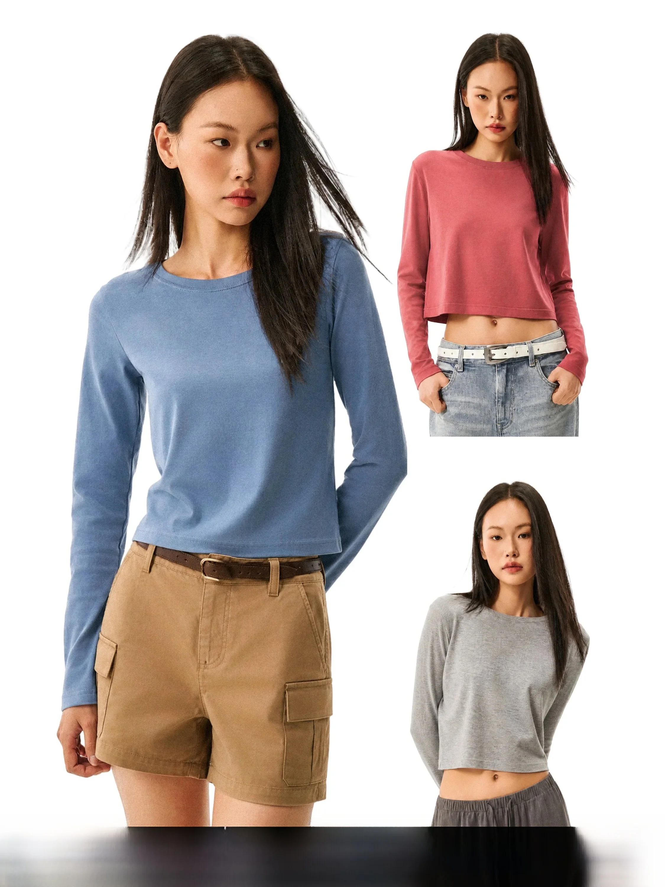 GoGo Burn American Pure Color Short Sleeve Long Sleeve T-Shirt Women's Autumn New Basic Loose Fit round Neck Top