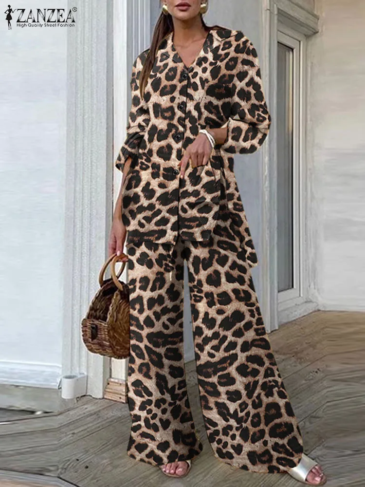 Fashion Women Leopard Print Pant Sets ZANZEA Casual Loose Tops and Pant Outfits 2023 Autumn Wide Leg Pant Leisure Two Piece Sets