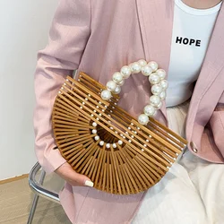 Borse da spiaggia in bambù per le donne 2024 borsa di moda estiva di tendenza realizzata a mano borsa intrecciata con perle borsa a tracolla grande donna