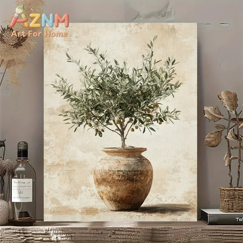 AZNM Vintage Potted Olive Tree Canvas Wall Art, Wabi Sabi Terracotta Pot Botanical Print, Neutral Rustic Farmhouse Poster, Unfra