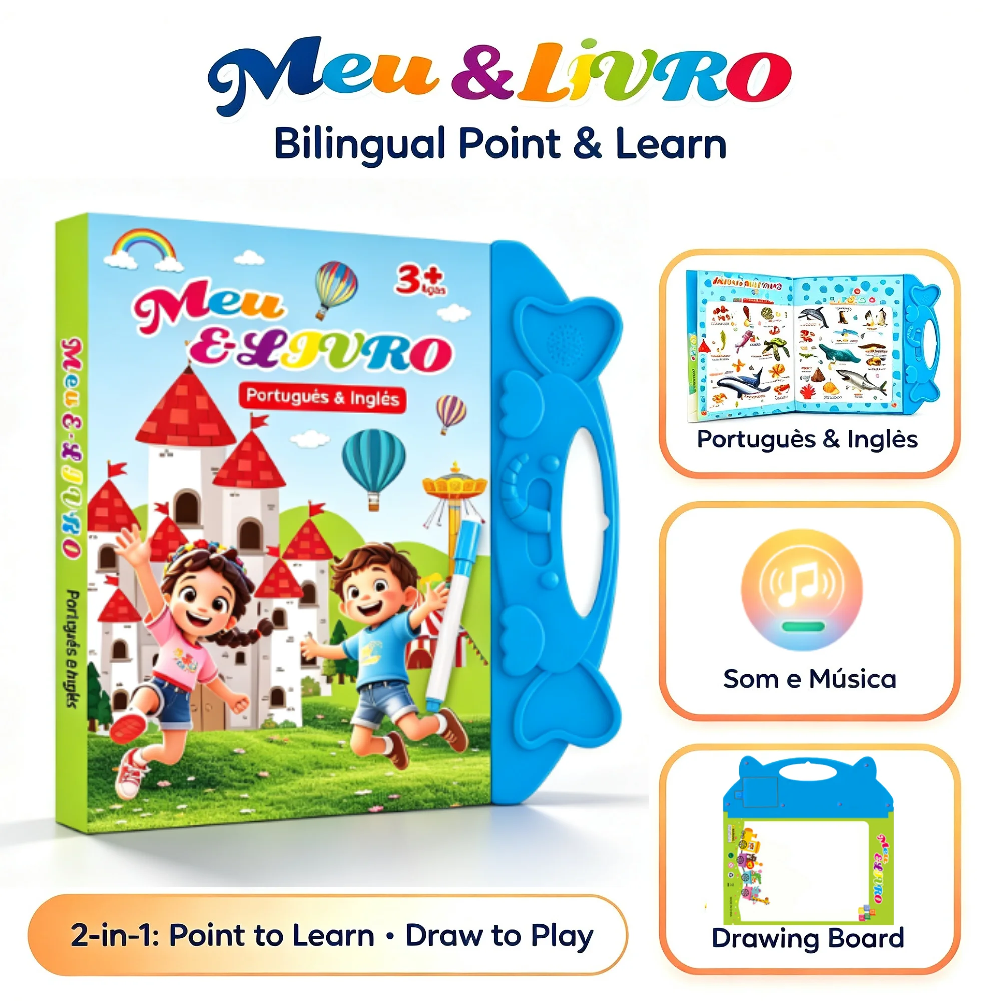 Bilingual Portuguese English Interactive Sound Book with Drawing Board.Kids Touch & Read Learning toy,Early Education Gift