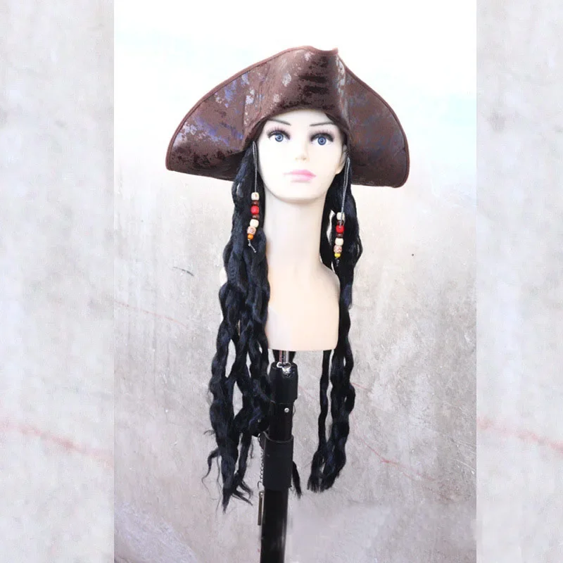 SN55Adult Pirate Captain Jack Braids Wig Hat Halloween Pirate Cap for Men Cosplay Performance Costume Accessories$5Q@1