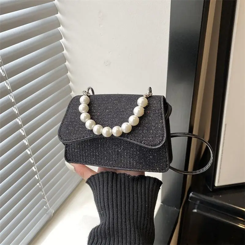 Silver Glitter Crossbody Bag With Faux Pearl Handle Adjustable Strap For Party Shopping