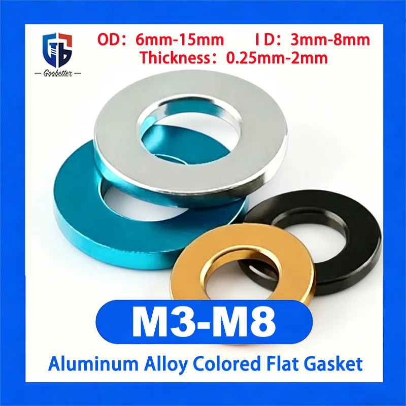 10 Color Anodized Round Gasket M3-M8 Aluminum Flat Washer Thickened Enlarged Metal Bushing Spacer for Screw Position Adjustment