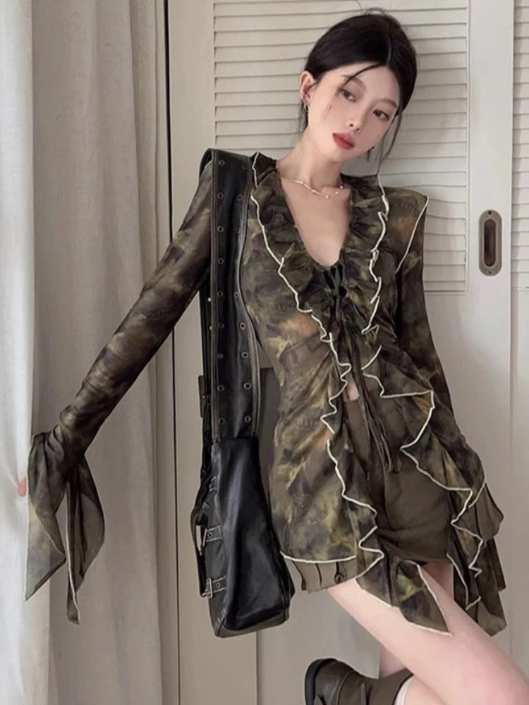 

Y2k Harajuku Vintage Shirts V Neck Flare Sleeve Ruffles Irregular Blouses Tie Dye Female Slim Tops Spicy Girl Women's Clothing