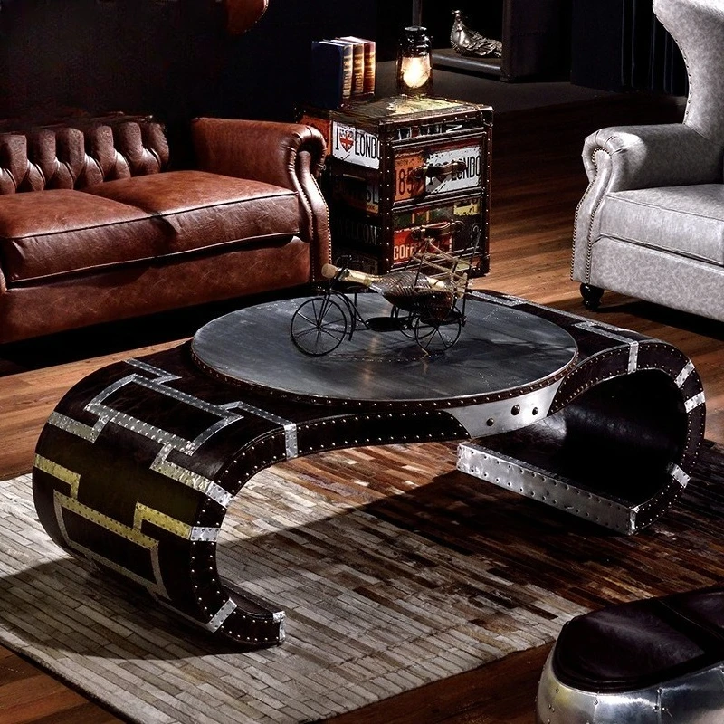 

aluminum leather rivet leather art watch coffee table LOFT industrial style retro coffee shop living room bar coffee table