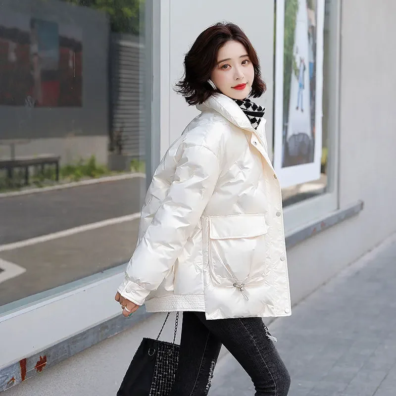 Jaqueta casual solta para puffer feminina, cor sólida, gola alta, brilhante, grossa, moda coreana, casacos femininos, inverno, 2024