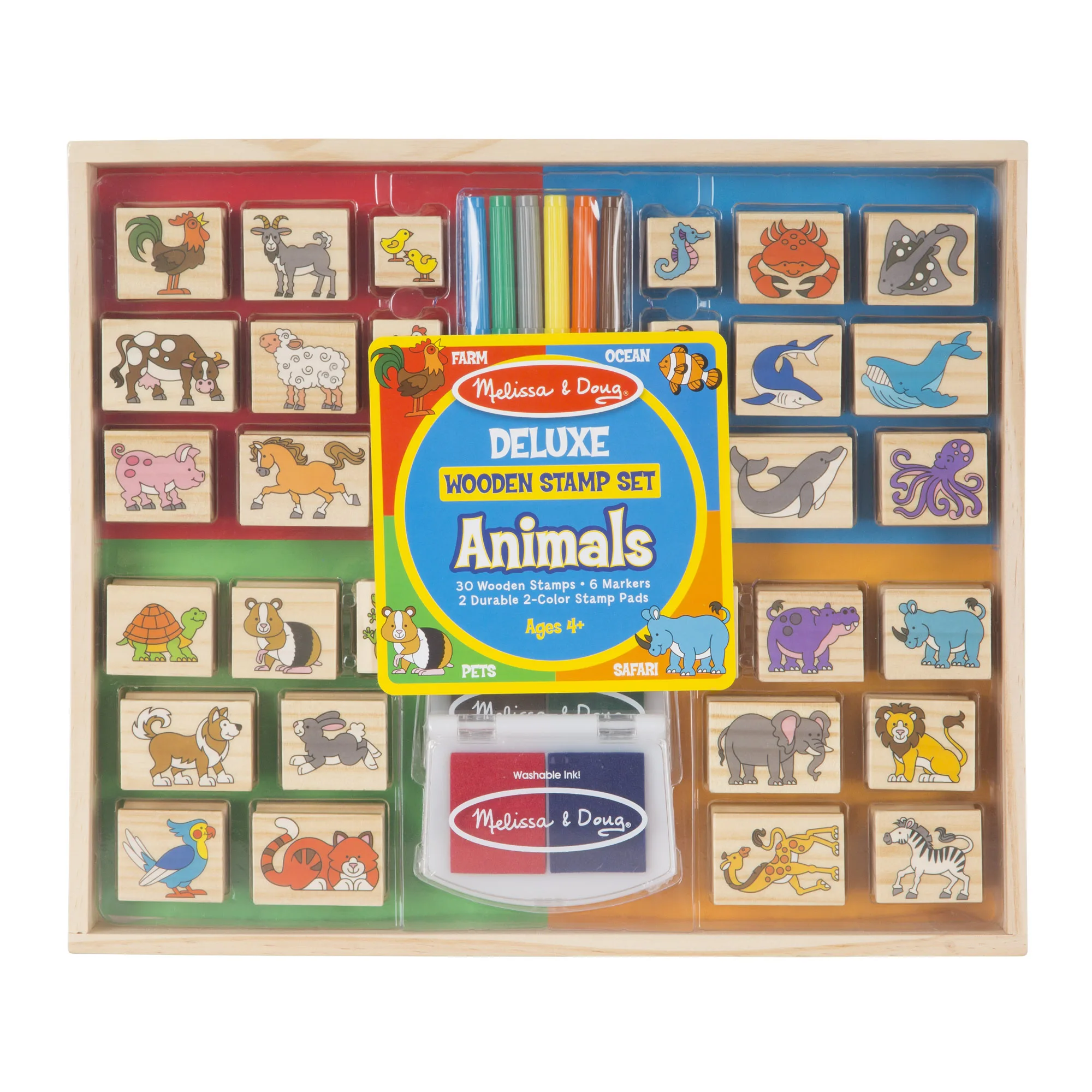 

Deluxe Wooden Stamp Set Featuring 30 Animal Designs with 6 Markers and 2 Stamp Pads