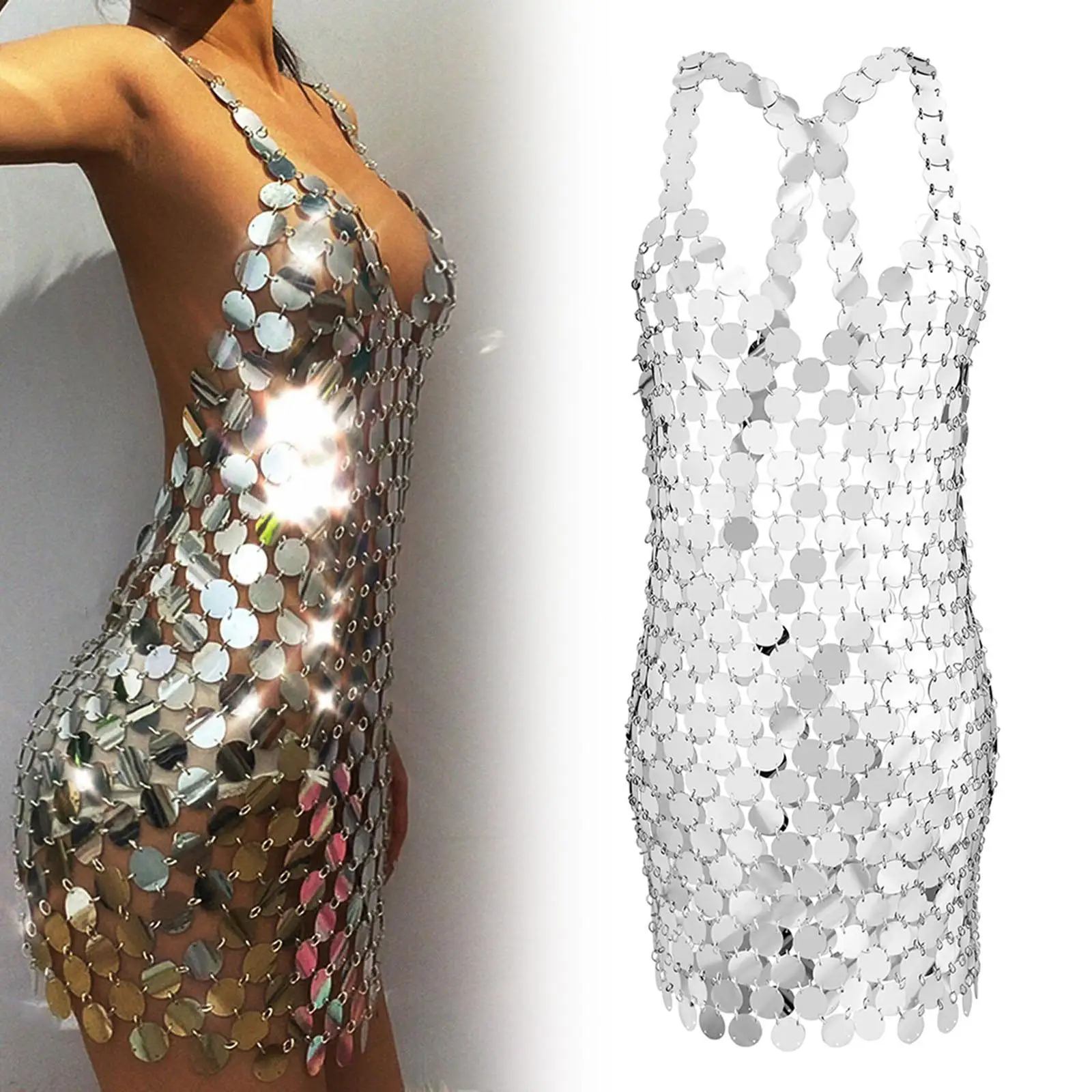 Bohemia Sexy Sequin Body Chain Metal Jewelry for Women Silver Belly Chain Cage Chest Bra Bikini Party Nightclub Anniversary