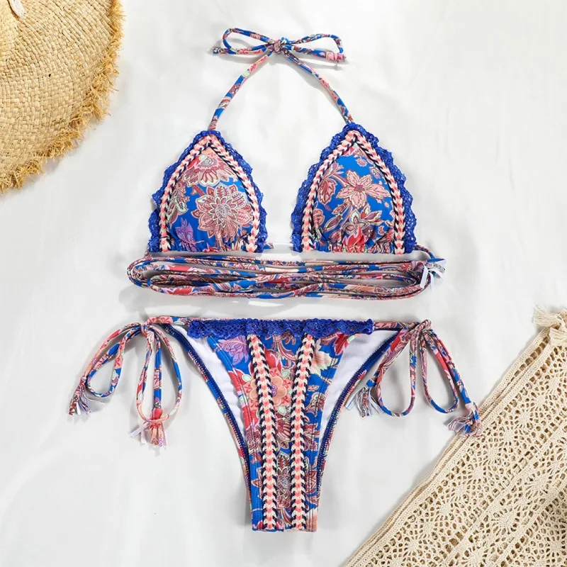 

Sexy High Cut Blue Floral Bikini Sets Underwire Swimsuits for Women Push Up 2 Piece Bathing Suits