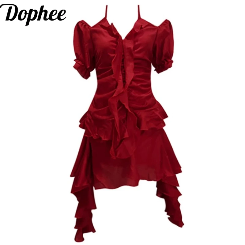 

Dophee Hot Chick Red Suspender Halter Neck Dress Summer Irregular Dopamine Mini Dress Elegant Ruffles Puff Sleeve Party Dresses