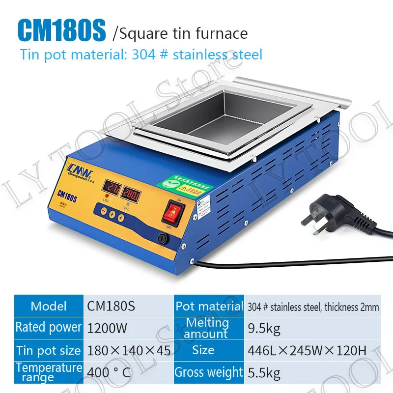CM-201 Lead-free solder pot Digital display 1500w melt tin 9.8KG temperature adjustable Melting tin furnace square tin stove