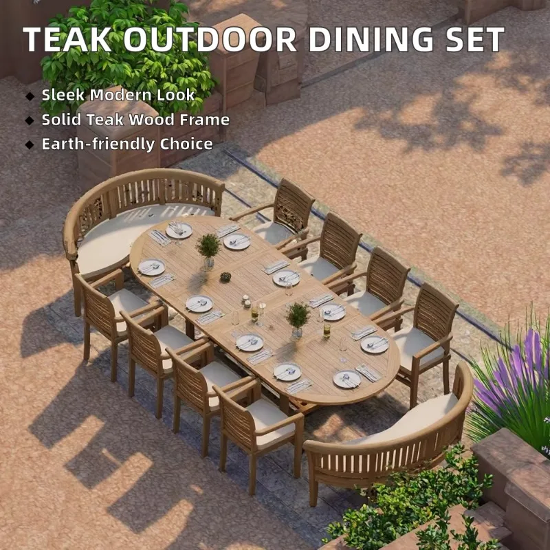 Solid Teak Wood Oval Garden Table Set Outdoor Patio Furniture 10 Seats Table Chairs Set Extendable Courtyard Villa
