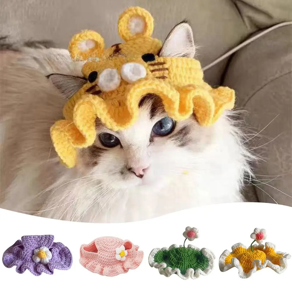 Cute Pet Hat Cat Hat Handmade Cute Flower Pet Headgear Kittens Knitted Hat Funny Cospaly Headgear Photo Shoot Props Pet