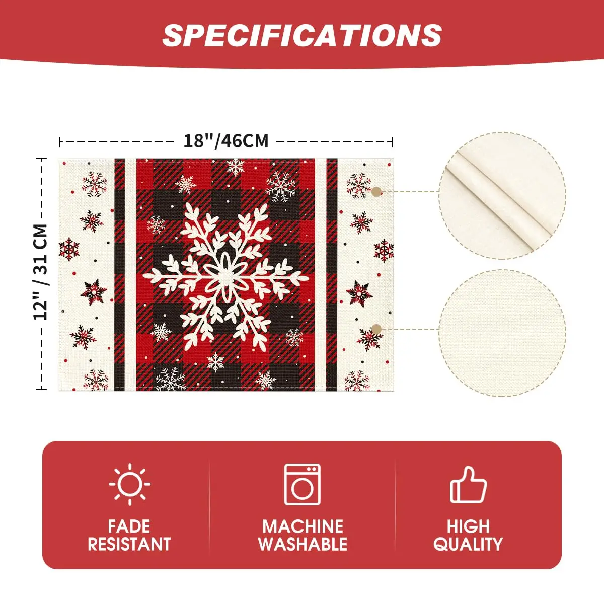 Buffalo Plaid Snowflakes Winter Placemats Set of 4, 12x18 Inch Christmas Table Mats for Party Kitchen Dining Decoration