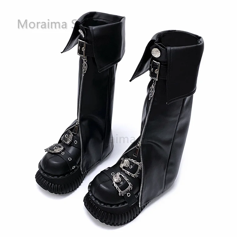 

Belt Buckle Thick -Soled Tube Boots Punk Round Toe Leather Shoes Female Cool Metal Decor Increasing Pants Legs Knee High Boots