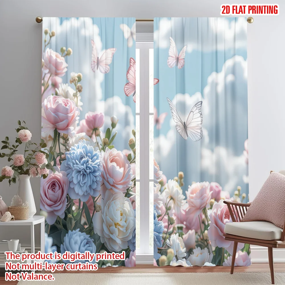 

2D flat printing 2pcs Curtain Spring Bloom with Butterflies Digital Printed Polyester Drapes Family Party for Art Party for