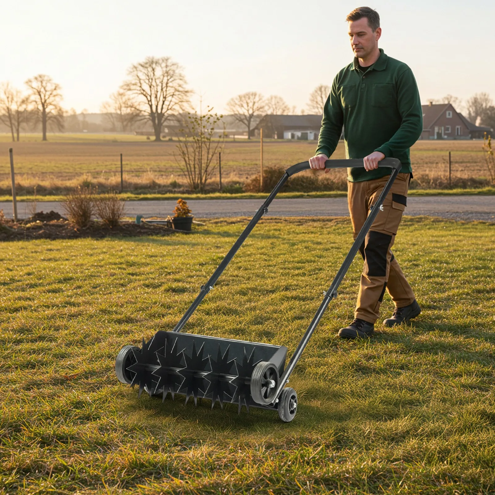 

19-дюймовый аэратор с шипами, сверхмощный аэратор для газона на колесиках, с U-образной ручкой