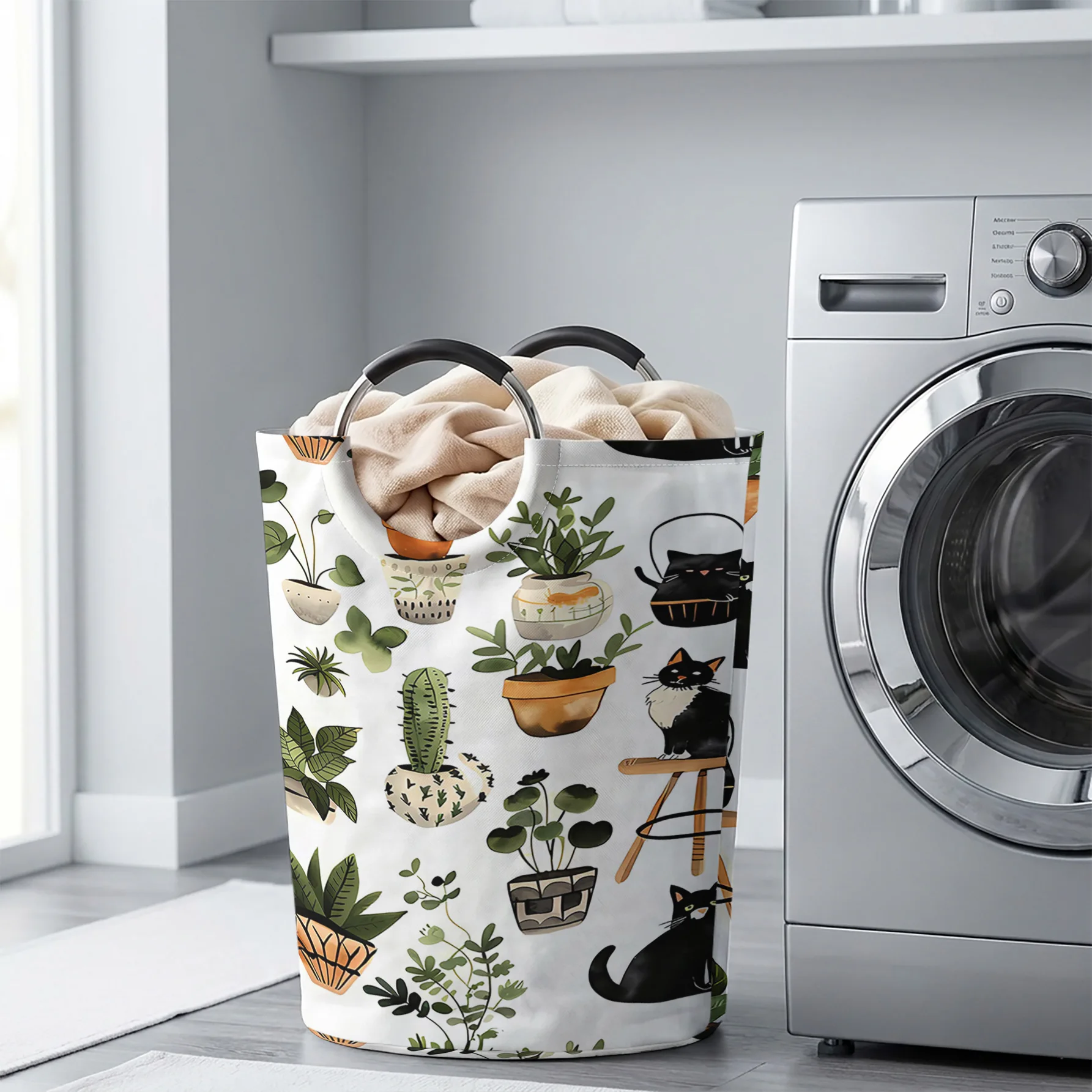 Black Cats & House Plants All Over Print Handheld Storage Basket, For Laundry, Bedroom & Home Sundries Storage