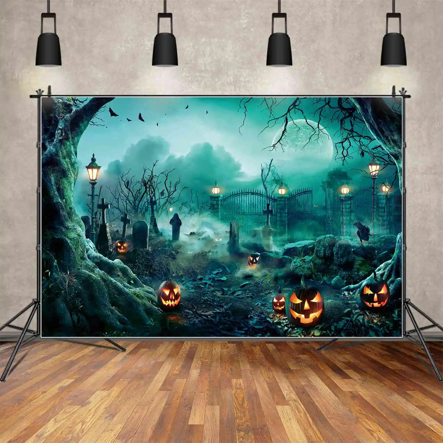 MOON.QG Backdrop Halloween Party Blue Cemetery Tombstone Background Children Vintage Gate Jack O Lantern Forest Bat Photo Booth