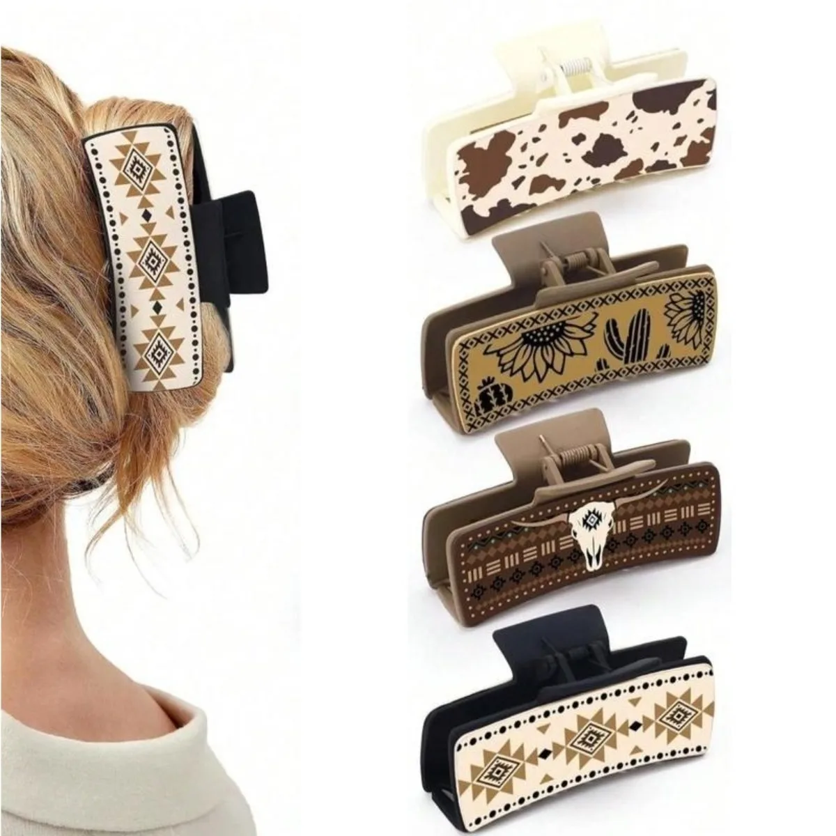 

4pcs Western Cowboy Style Hair Claws, Vintage Pattern Hair Claws, Minimalist Headwear Suitable for Thick Hair, Color Random