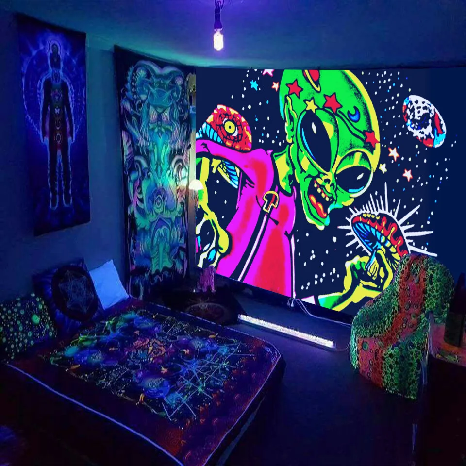 Black Light Tapestry Wall Hanging UV Reactive Psychedelic Starry Sky Hippie  for Bedroom Dorm Indie Room Decor